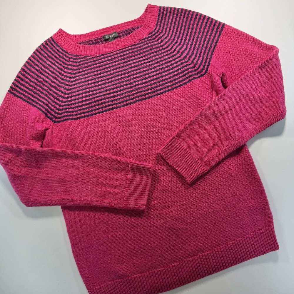 Talbots Pink & Navy Striped‎ Sweater Lambs Wool Classic Preppy Medium